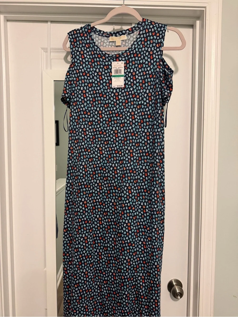 Michael Kors Navy Sleeveless Floral Maxi Dress with Red and Light Blue Accents